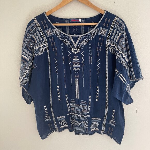 JOHNNY WAS Intricately Embroidered Dark Blue Top: Size Small (Runs LARGE!!) - Picture 1 of 8
